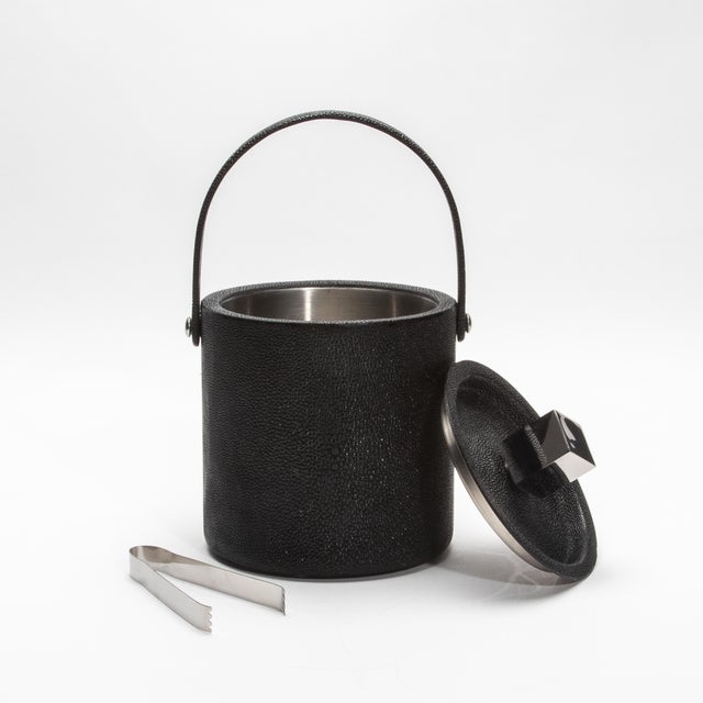 Modern Ice Bucket in Black Shagreen With Stainless Steel Detail by Kifu Paris For Sale - Image 3 of 12
