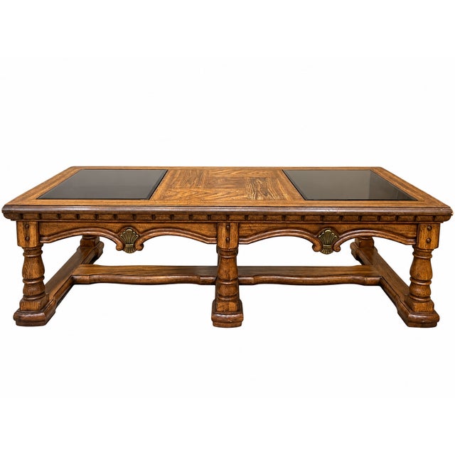 Vintage Mediterranean Revival Parquet-Pattern Wood and Smoked Glass Coffee Table For Sale - Image 15 of 18
