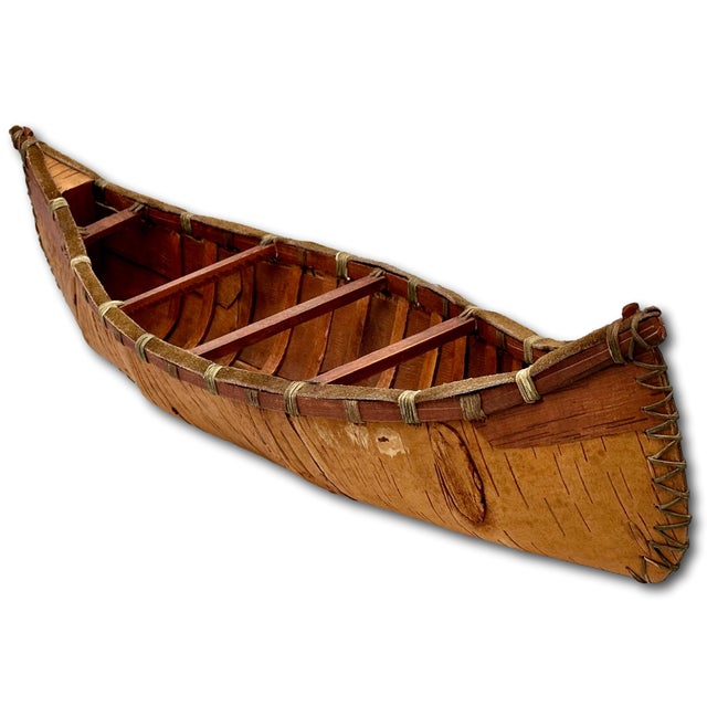 Mid 20th Century Vintage Very Nicely Completely Hand Made Northeastern Maine Indian Style Birch Bark Canoe Model - Replica - 23 Inches Long For Sale - Image 5 of 18