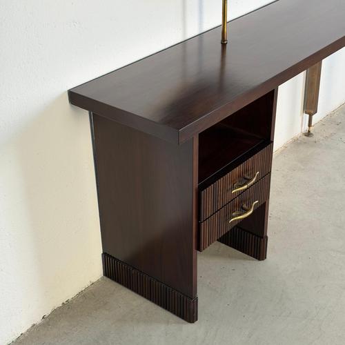 Mid-Century Italian Walnut Vanity Console with Brass Legs and Circular Mirror, 1950s For Sale - Image 12 of 17