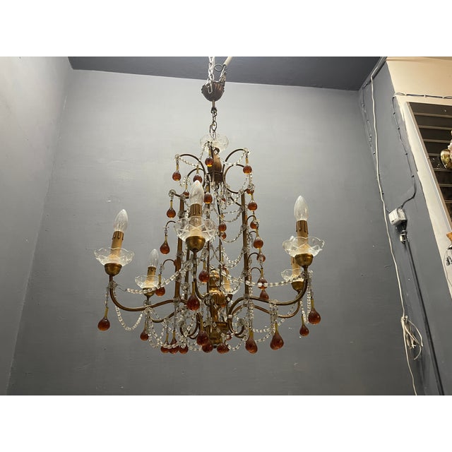 Italian Florentine Giltwood and Amber Murano Glass Drop 6-Light Chandelier, 1950s For Sale - Image 13 of 15