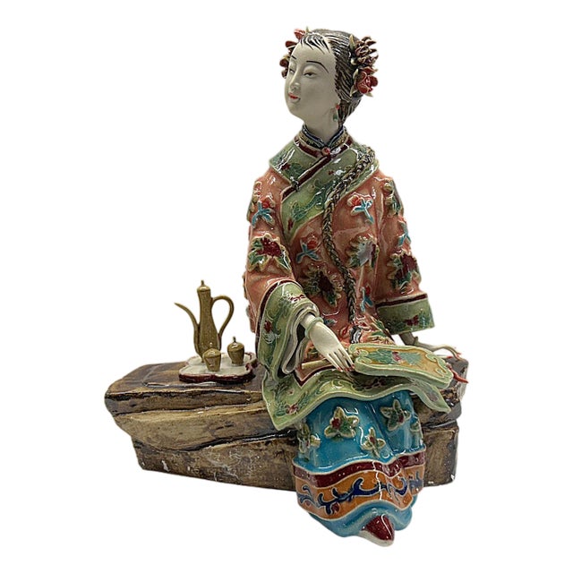 Chinese Porcelain Qing Style Dressing Drinking Tea Lady Figure For Sale
