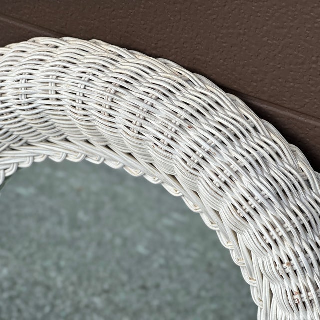 Vintage Petite White Painted Woven Wicker Rattan Framed Oval Mirror From Hong Kong For Sale - Image 4 of 9