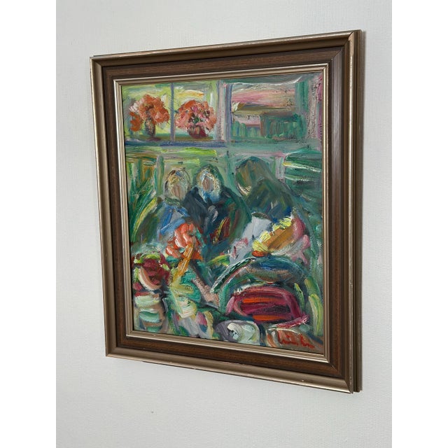 Erik Lo, Interior with Figures, 1960s, Oil on Canvas, Framed For Sale - Image 11 of 17