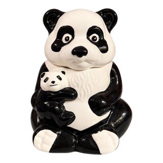 Vintage Kawaii Panda Bear Mother & Baby Ceramic Cookie Jar For Sale