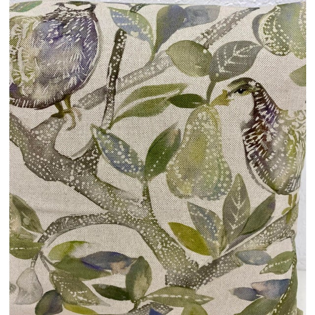 Green 16" Square Pillow Decorated With Festive Partridges in Pear Trees - Made in U K For Sale - Image 8 of 10