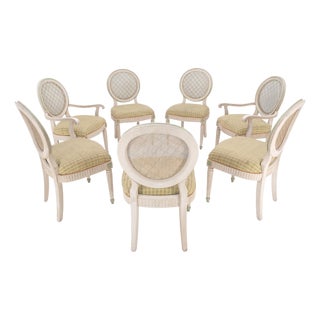 Set of 7 Swedish White Wash Paint Decorated Oval Cane Backs Dining Chairs NICE! For Sale