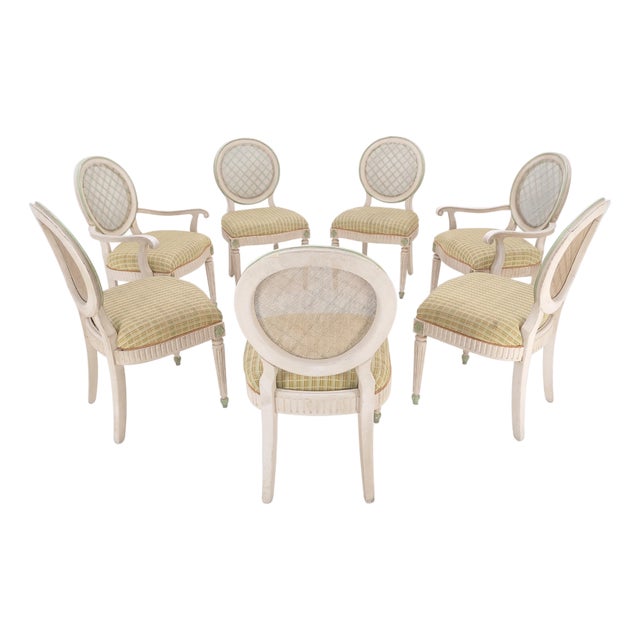 Set of 7 Swedish White Wash Paint Decorated Oval Cane Backs Dining Chairs NICE! For Sale