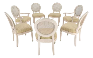 Set of 7 Swedish White Wash Paint Decorated Oval Cane Backs Dining Chairs NICE!