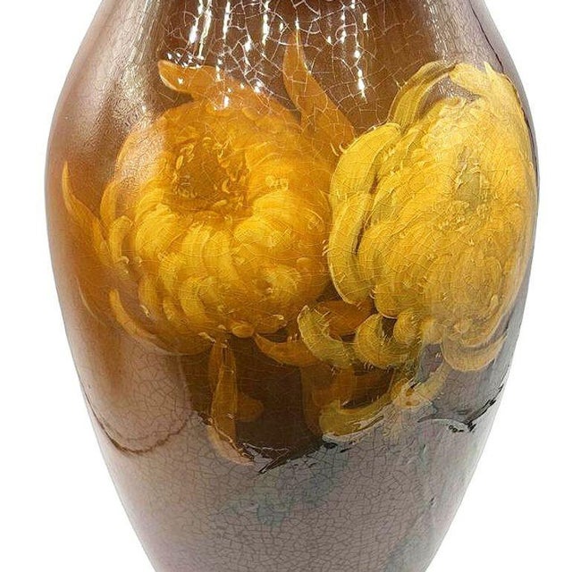 Rockwood Style Earthernware Hand Painted Pottery Vase W/ Chrysanthemums, C 1900 For Sale - Image 9 of 10