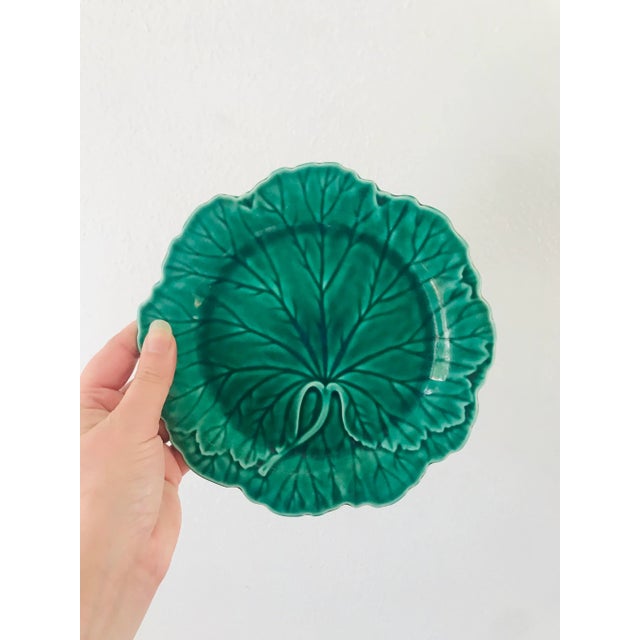 Pair of lovely 20th-Century Wedgwood majolica leaf plates in green color with scalloped edge. The Wedgwood maker's mark is...