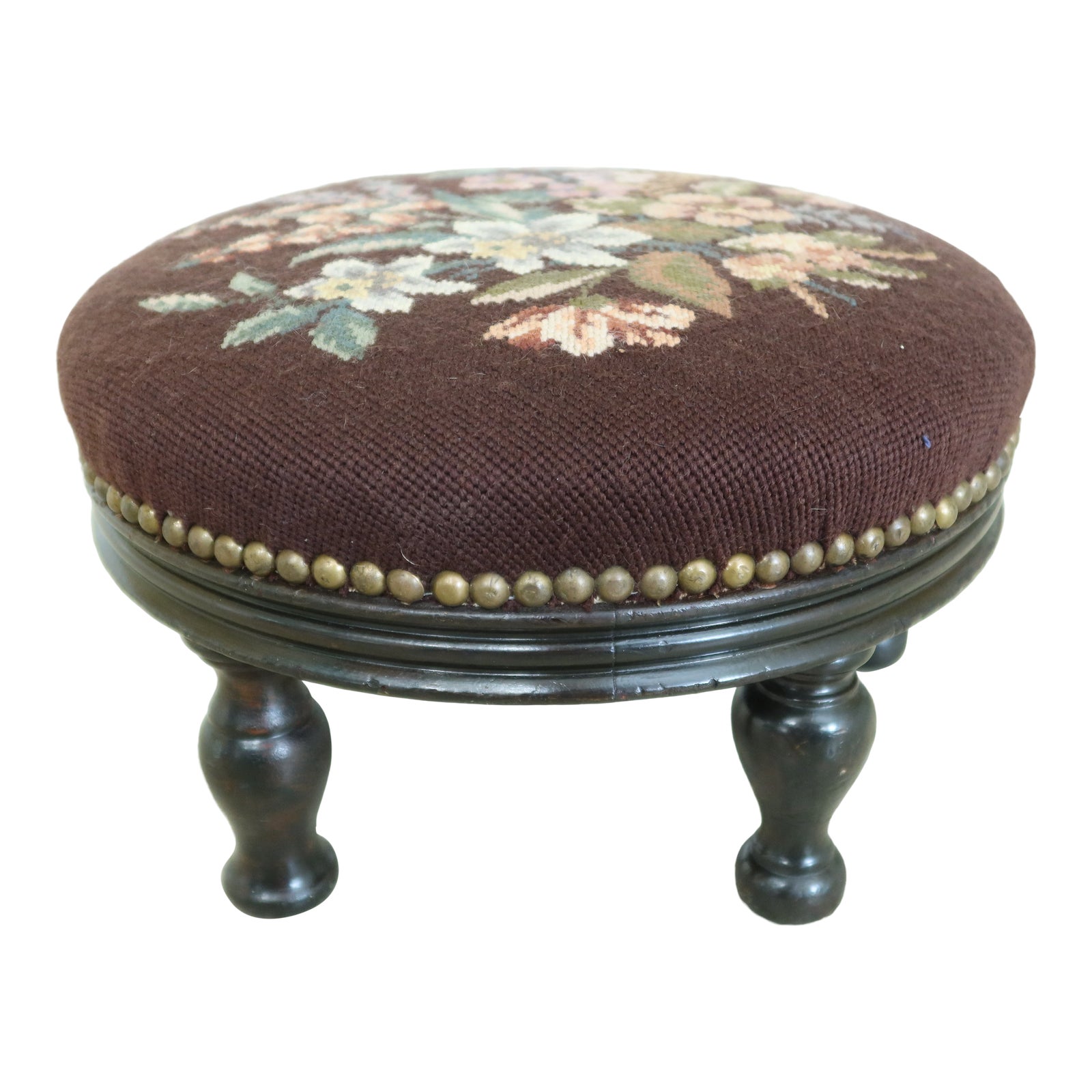 Round Antique Victorian Footstool W. Needlepoint Chairish