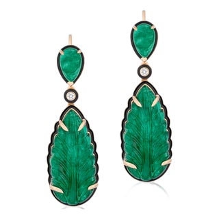 Leaf Shaped Emerald Carved Earrings with Diamonds, A Pair For Sale