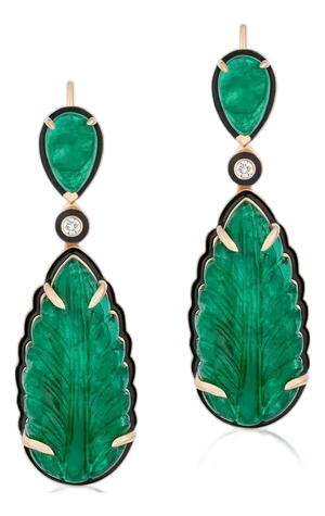 Leaf Shaped Emerald Carved Earrings with Diamonds, A Pair