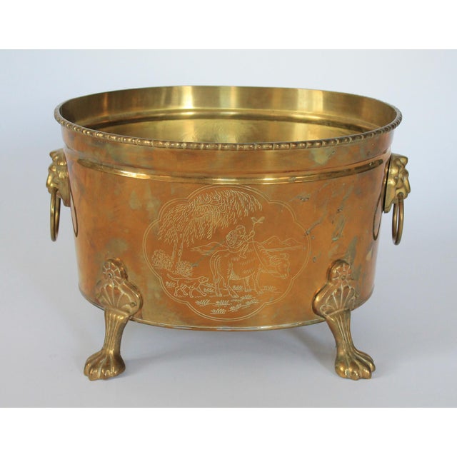 Brass Vintage Oval Brass Cachepot W/ Lion Head Handles, Paw Feet and Etched Asian Motif For Sale - Image 8 of 18