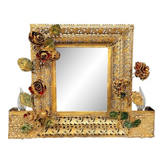 Vintage Hollywood Regency Brass Filigree Lighted Vanity Mirror For Sale