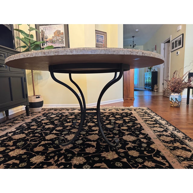Metal Arhaus Italian Travertine Mosaic Dining Table, 54" Round, Wrought Iron Base For Sale - Image 7 of 8