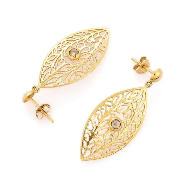 Art Deco 18k Yellow Gold Asian Antique Style Diamond Leaf Drop Earrings- A Pair For Sale - Image 3 of 8