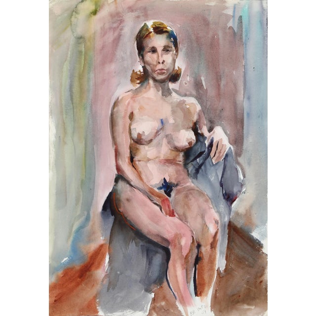 Seated against a background washed with muted hues of pink, green, anad blue, the nude woman rests her elbow as she is...