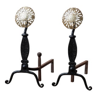 Virginia Metalcrafters Brass Medallion Andirons For Sale