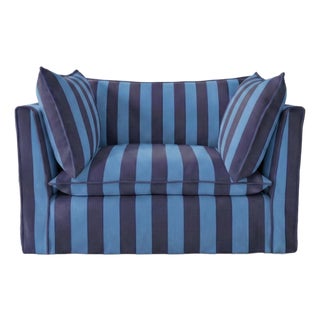 Sophie Conran Coco Loveseat - Coastal Blue & Navy Blue Stripes with Knife Edge Cushion For Sale
