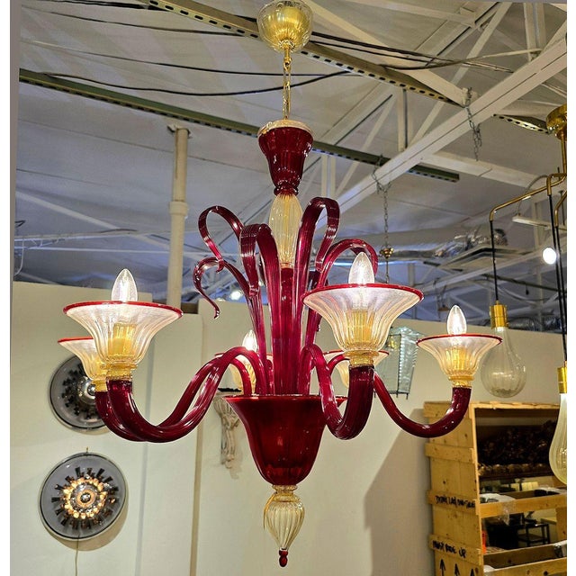 Venini 1960s Red and Gold Murano Glass Chandelier, Italy For Sale - Image 4 of 12