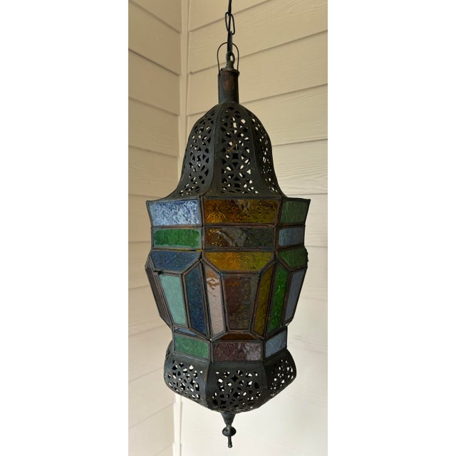 Mid 20th Century Large Vintage Moroccan Moorish Lantern Pendant Light With Multi-Color Glass and Hand Cut Metal For Sale - Image 5 of 12