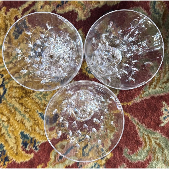 Mid 20th Century Mid 20th Century Duncan & Miller Willow Crystal Wine Glasses – Starter Set of 3, Elegant Etched Stemware For Sale - Image 5 of 10