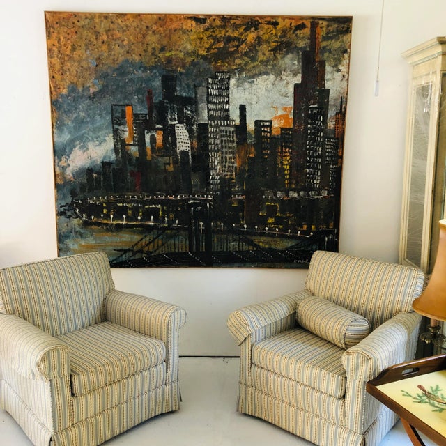 Oversize oil painting of the Brooklyn Bridge. Signed "P. Abel. 71.5" W X 61.5" H Unframed.