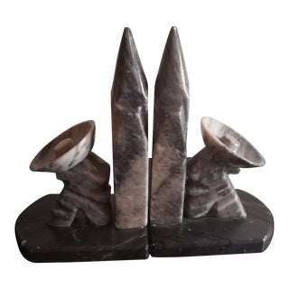 1980s Vintage Marble Sombrero Mexican Saguaro Cactus Carved Bookends - Set of 2 For Sale