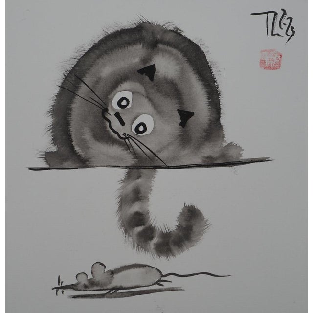 Laszlo Tibay, Le chat et la souris, Ink & Wash Drawing For Sale - Image 6 of 6