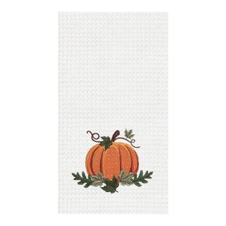 Embroidered Waffle Weave Pumpkin Kitchen Towel - Set of 2 For Sale