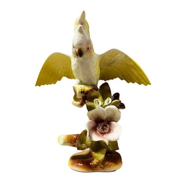 Early Mid-Century Ceramic Tropical Cockatoo on Hibiscus Branch by Fame California Potter William Maddux. A great example...