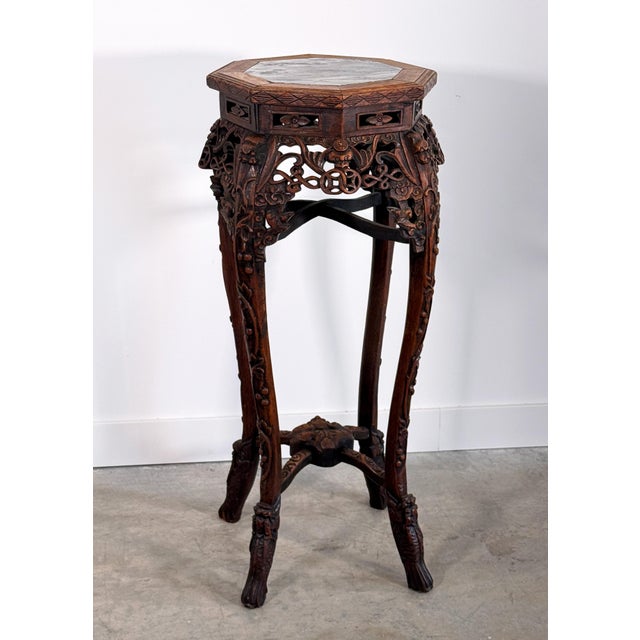 Chinese Vintage Chinese Carved Rosewood Pedestal Stand With Marble Top For Sale - Image 3 of 12