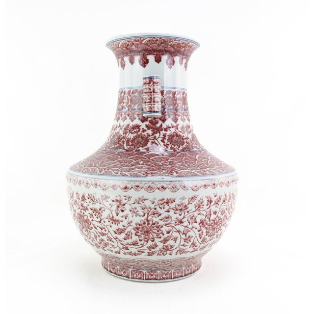 Traditional Qianlong Mark, Blue and White Underglaze Red Flower and Seawater Pattern Large Vase For Sale - Image 3 of 10