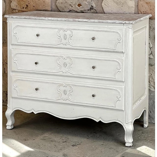 French Provincial Antique Country French Painted Three-Drawer Commode ~ Chest of Drawers For Sale - Image 3 of 18