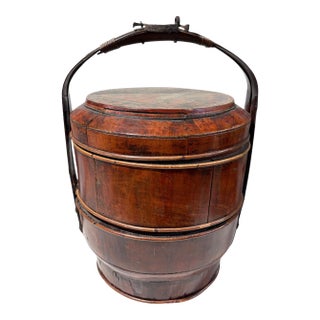 Antique Chinese Wedding Basket 3 Tier Lacquered Wood Dowry Basket 20” For Sale