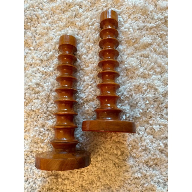 Vintage Handcarved 11” Walnut Modernist Candleholders -A Pair For Sale - Image 13 of 16