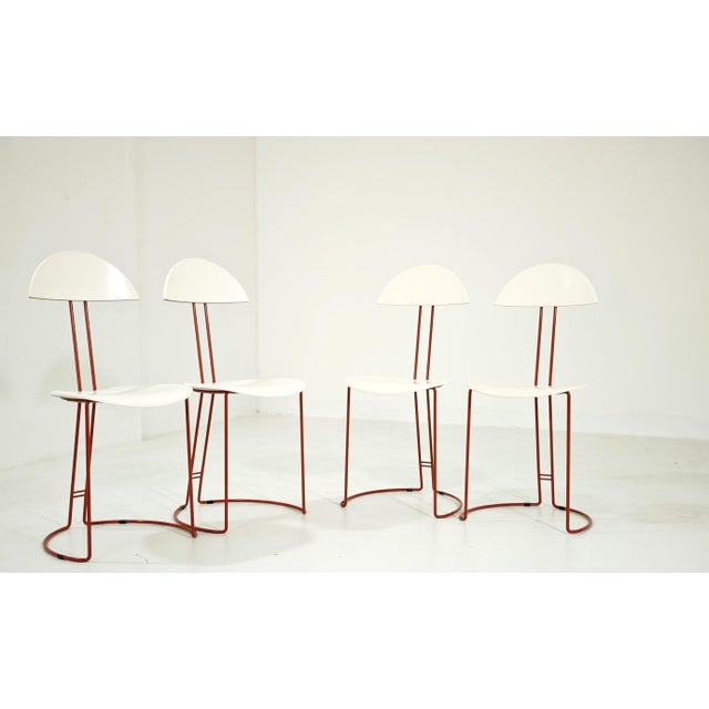 Mid-Century Modern Italian Red and White Metal and Wood Chairs, 1980s, Set of 4 For Sale - Image 4 of 16