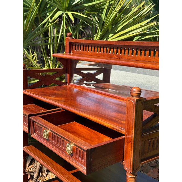 Vintage Mahogany Cheveret Bar Cart With Mirror & Glass Display | Traditional Hall Console For Sale In Tampa - Image 6 of 7