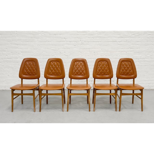 Set of 5 - Mid Century Modern Scandinavian Dining Chairs | Diamond Stitched Upholstery, C. 1960's For Sale In New York - Image 6 of 14