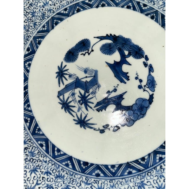 Antique 16" Blue and White Plate With Detailed and Intricate Hand Painting Pine and Plum Design For Sale - Image 12 of 18
