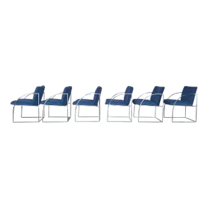 Milo Baughman Thayer Coggin Chrome Dining Chairs Recovered in a Blue Sparkly Fabric.