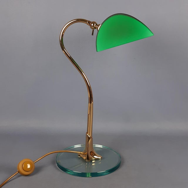 Modern Banker Table Lamp in Polished Brass with Satin Green Glass Shade, 1970s For Sale - Image 3 of 16