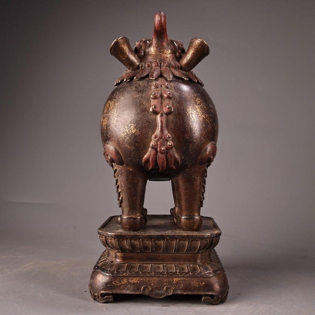 Antique Bronze Guardian Lion Censer – 11.8" Foo Dog Incense Burner on Pedestal For Sale - Image 4 of 7
