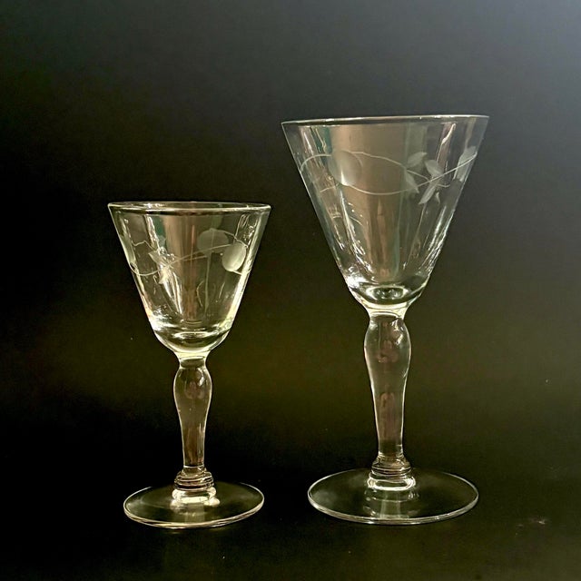 Transparent Vintage Etched Cordial Glasses – Set of 5 | Elegant Stemware With Floral Etched Design For Sale - Image 8 of 8