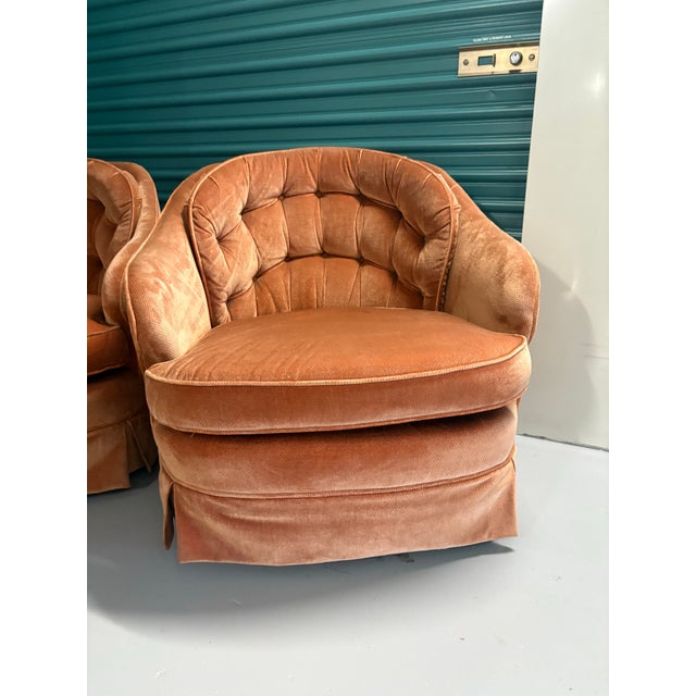 Burnt Orange Mid Century Modern Swivel Barrel Tufted Club Lounge Chairs For Sale - Image 8 of 11