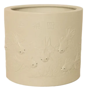 Antique Chinese Qing Biscuit Porcelain Scholar's Brush Pot Bitong Gold Fish 1850