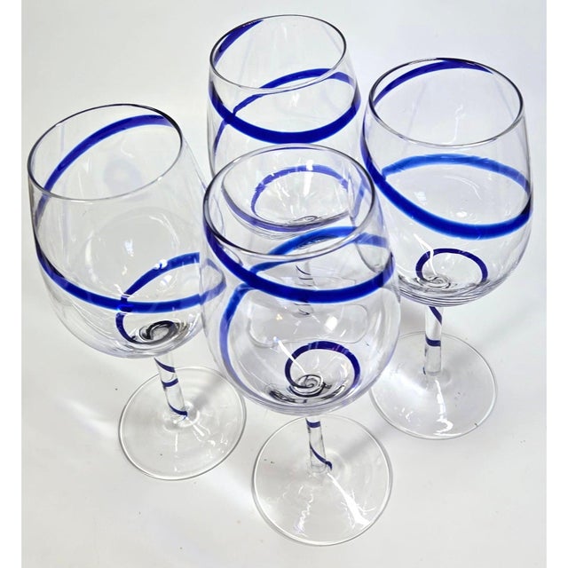Blue Vintage Wine Glasses Glass Blue White Swirl Chinoiserie Jumbo Cobalt Ribbon Goblet - Set of 4 For Sale - Image 8 of 11