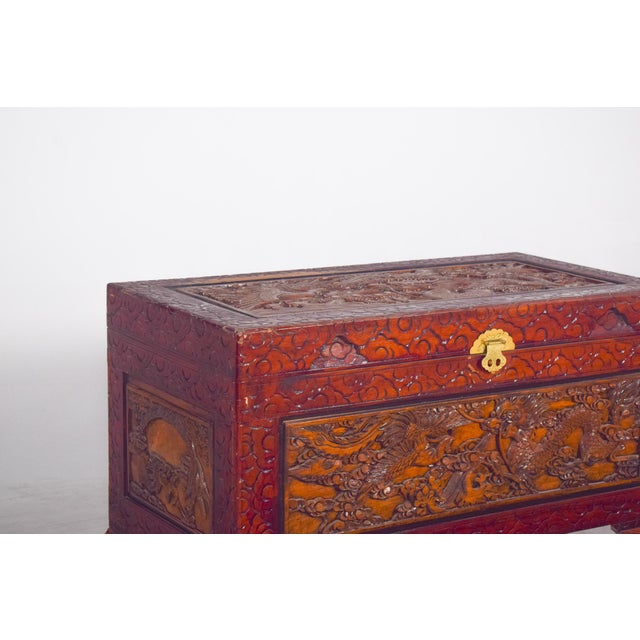 Antique Painted Oriental Carved Chest For Sale - Image 4 of 14
